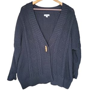 LL Bean signature black chunky cable knit grandpa cardigan sweater cotton large